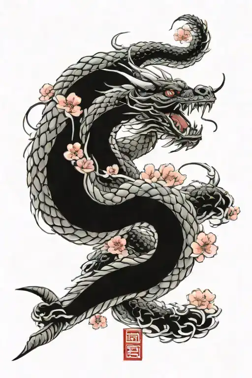 Dragon And Snake Samurai With Japanese Sakura Japanese Style Designs