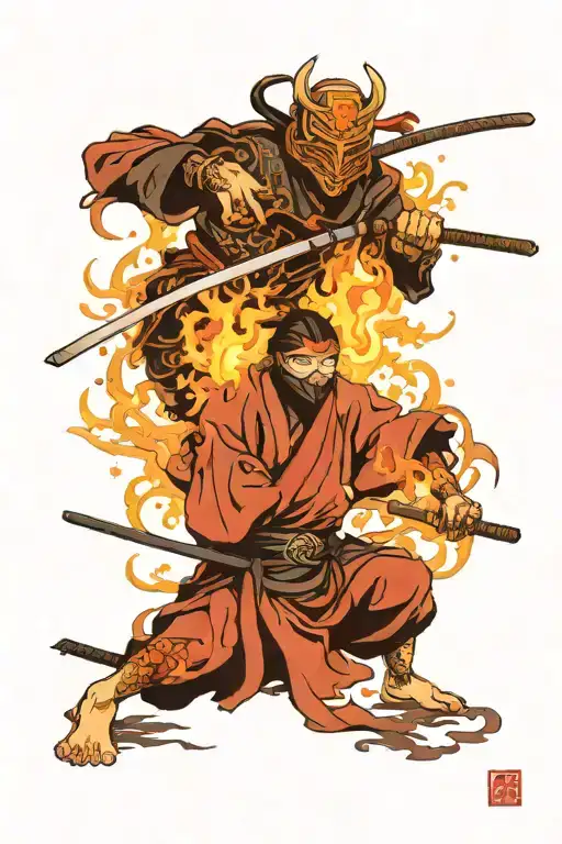 Samurai Ninja Wielding A Katana On Fire With An Uni Mask