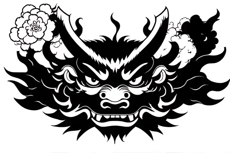 Japanese Chest And Half Sleeve With Oni Mask In Middle Of The Chest