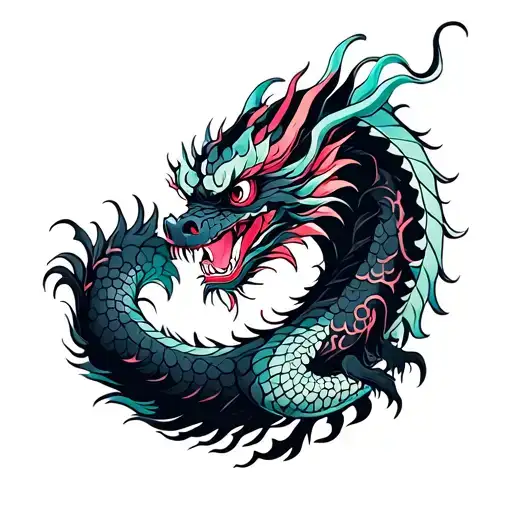 Black And Dark Pink Tattoo Of Dragon And Add Lot Of Patterns