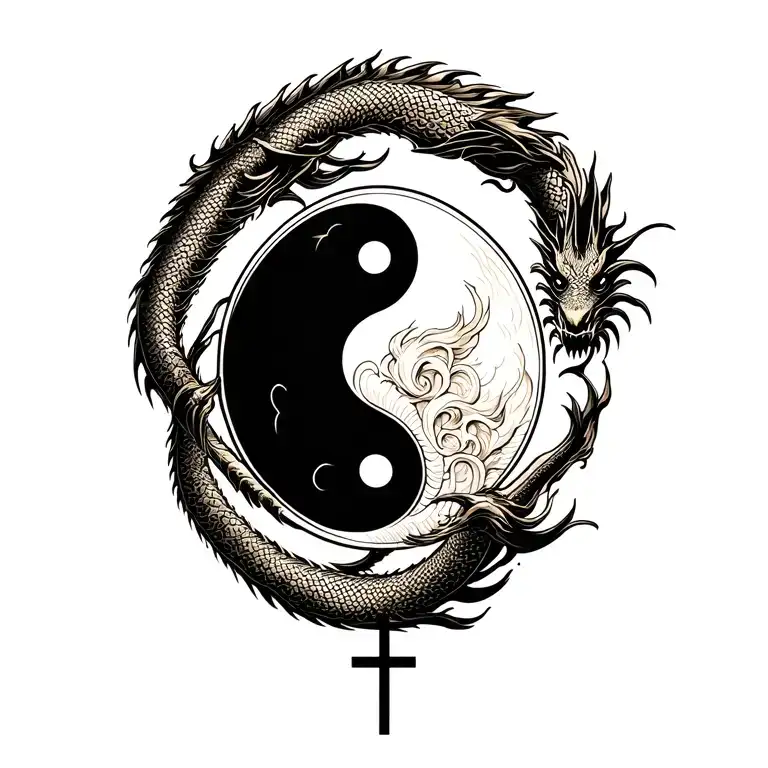 Yin-yang Symbol With Dragon As Outer Ring And Overlay Of Christian Cross