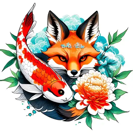 Samuari With Fox And Koi Fish And Chrysanthemums Flower And Bamboo