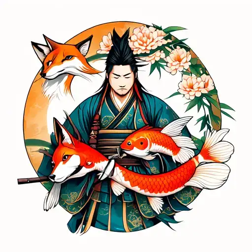 Samurai With Fox And Koi Fish And Chrysanthemums Flower And Bamboo