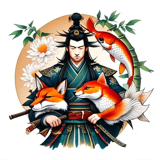 Samurai With Fox And Koi Fish And Chrysanthemums Flower And Bamboo