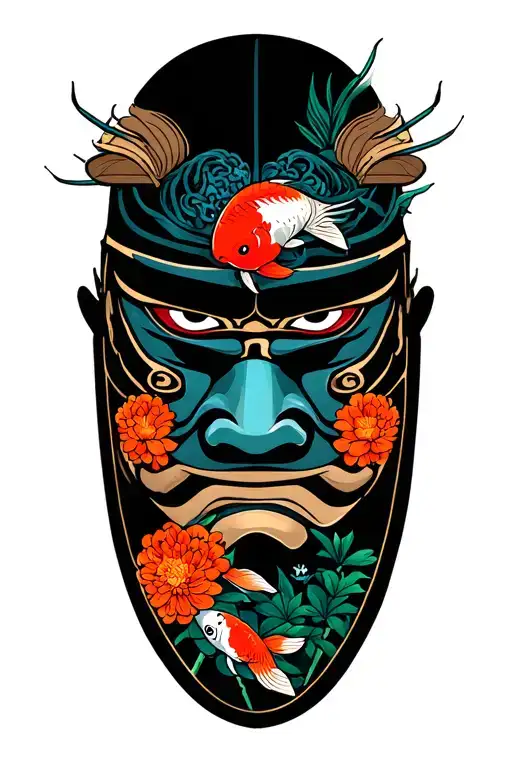 A Samurai Mask With Koi Fish And Chrysanthemums Flower And Bamboo