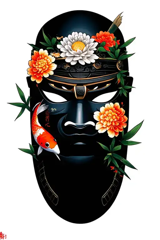 A Samurai Mask With Koi Fish And Chrysanthemums Flower And Bamboo