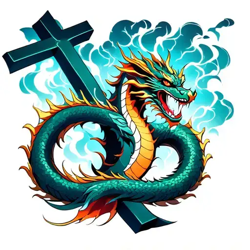 A Dragon Wraping Around A Cross In A Thunderstorm