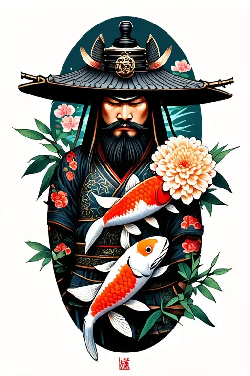 A Samurai With Koi Fish And Chrysanthemums Flower And Bamboo