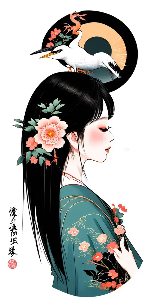 Crane Sun Woods One Girl And Japanese Words