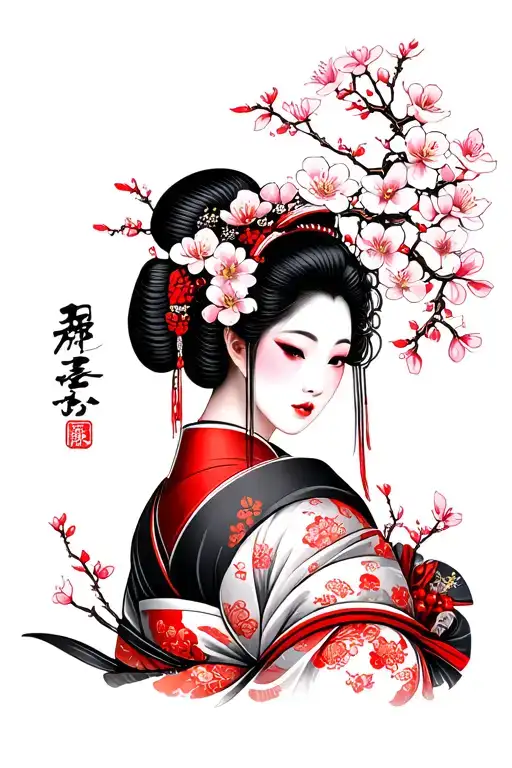 Yakuza Cherry Blossom Geisha Red White Black Grey