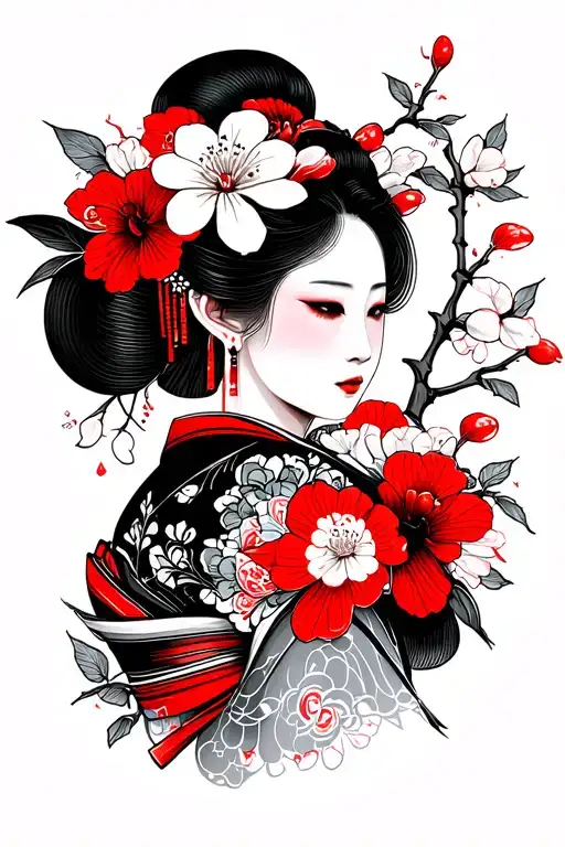 Yakuza Cherry Blossom Geisha Red White Black Grey