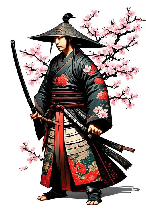 Samurai And Cherry Blossom Trees