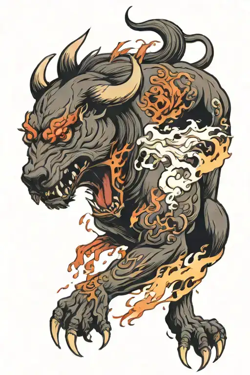 A Angry Bull Fighting A Wolf Surrounded By Flames Left Arm Sleeve