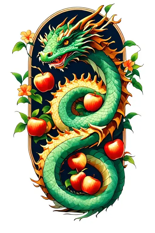 A Dragon Is Coiled Around The Garden Of Eden Tree With Apples