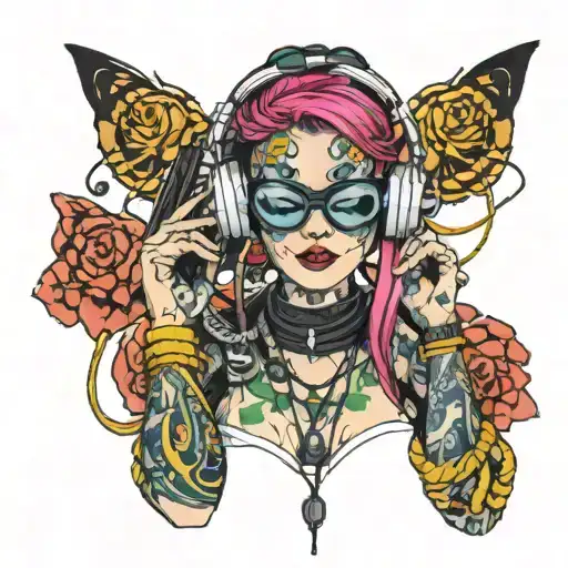 Cyberpunk Woman Tattoos Headphones Rave Music Cables Sexy Sunglasses