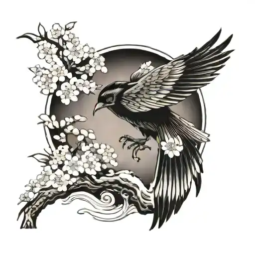 Crow Waves And Sakura Tree