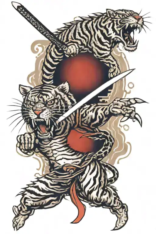 In The Background A Katana On The Back With A Rising Sun And In The Foreground Above A Tiger's Head