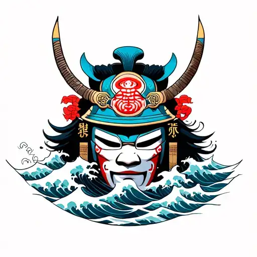 Samurai Mask Surrounded By Waves