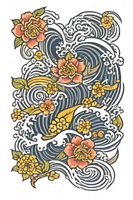 Japanese Traditional Style Tattoo Inspired By Flowers And Kanagawa And Wave