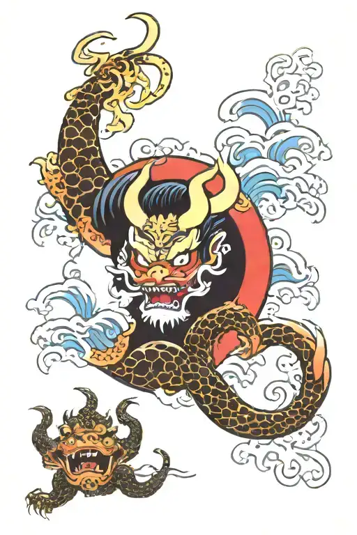 Japanese Old School Tattoo Featuring Waves And Demons