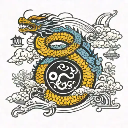 Dragon And Temple And Yin Yang Symbol