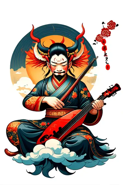 An Oni Holding Playing A Shamisen Sitting On Clouds