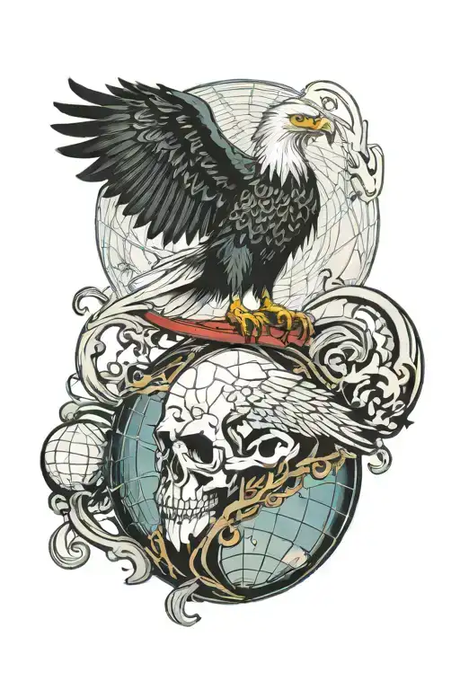 Eagle On Top Of A Globe Made From A Skull With An Anchor Hanging Underneath