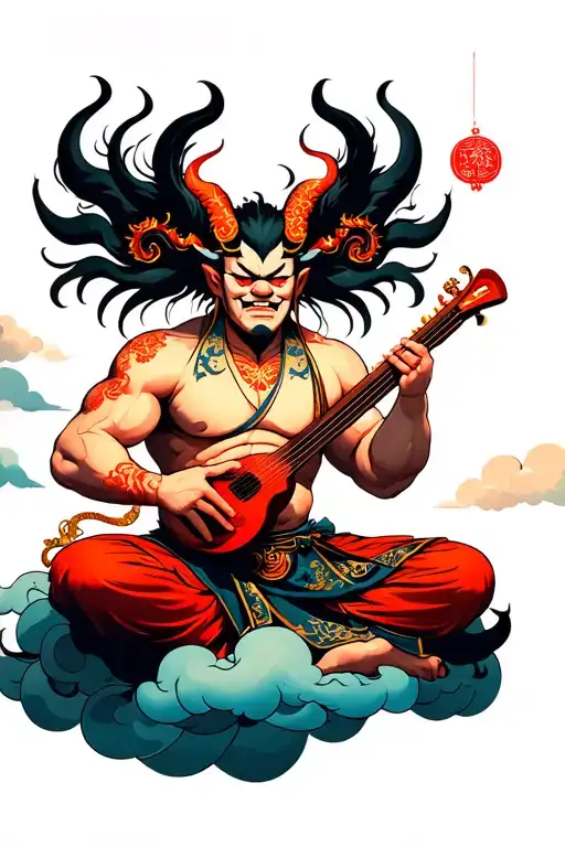 An Oni With Huge Muscles Playing A Shamisen Sitting On Clouds