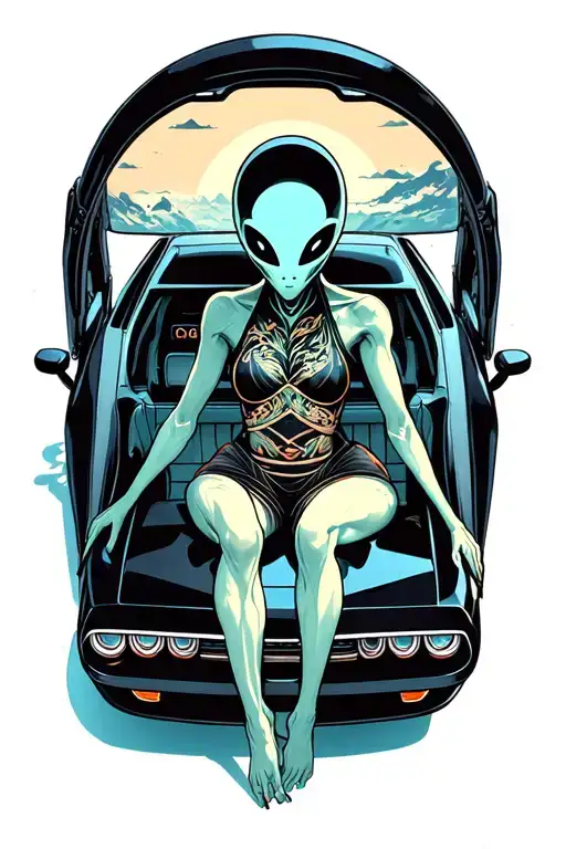 An Alien Sitting Inside Of A Black Dodge Challenger Car