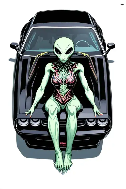 An Alien Sitting Inside Of A Black Dodge Challenger Car