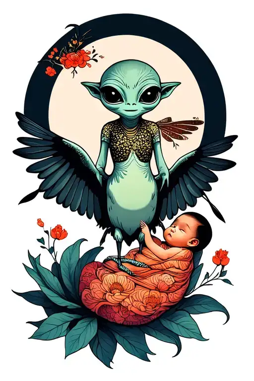 A Crane Flies And Carries A Swaddled Baby Alien