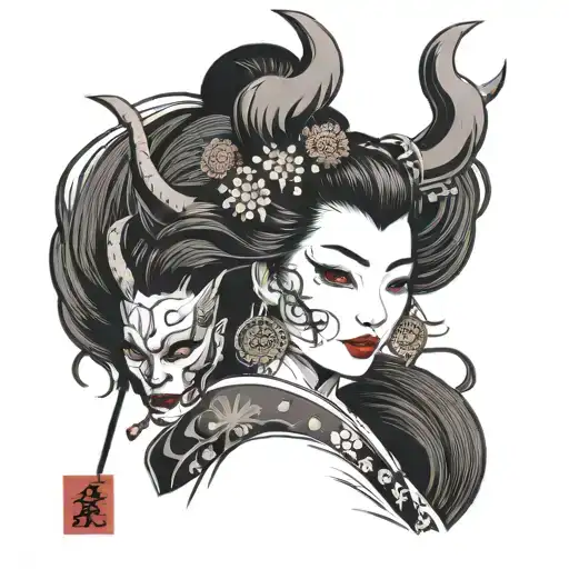 Geisha With Oni Mask Split In Half