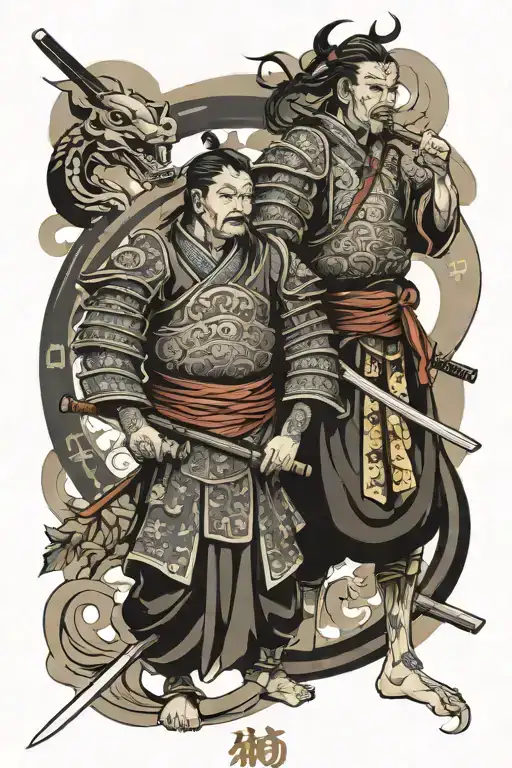 Zodiac Signs Gemini And Sagittarius Represented As Samurai And Standing Together