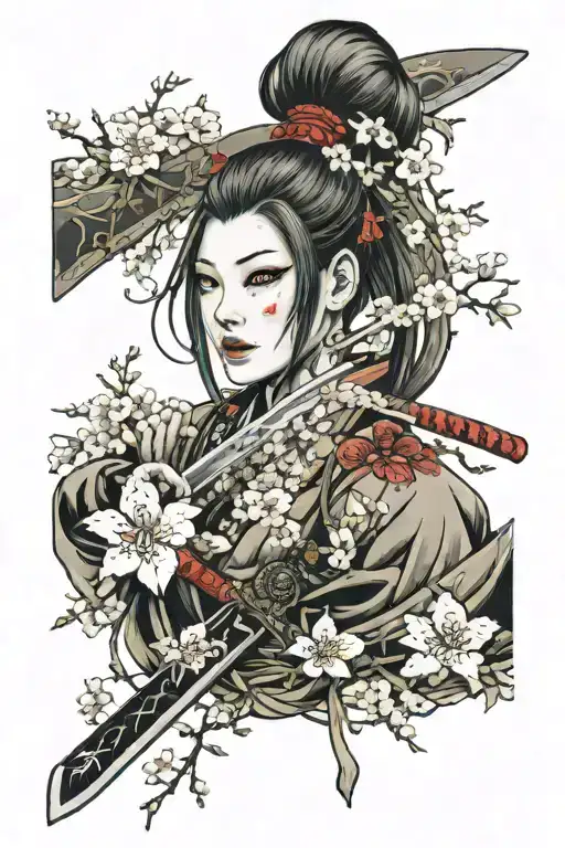Haniah Face With Some Cherry Blossom And A Sword