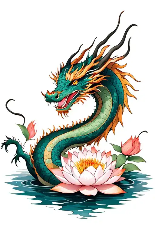 Dragon And Lotus Flower Blooming