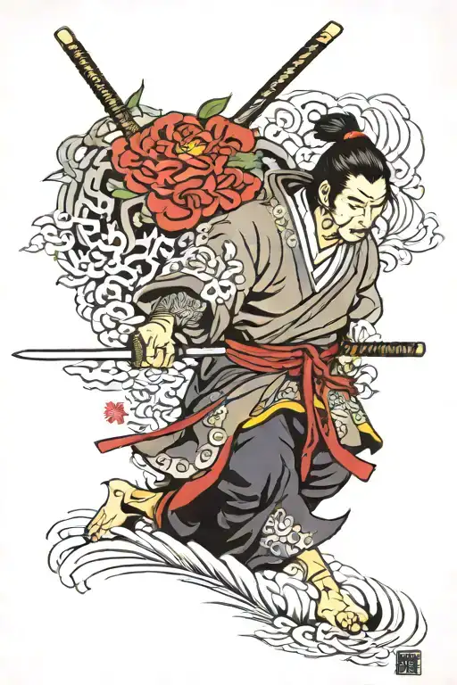 Samurai With Sword And Kanji Characters Of Strength Honour Courage And Life
