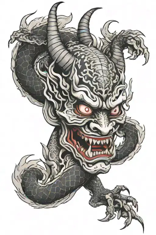 Hannya Mask And Dragon Emerging