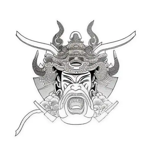 Samurai Holding Hannya Mask With Koy Fish And Lotus And Drgaon
