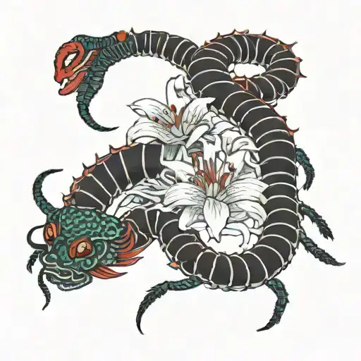 Black Centipede With Japanese Lily