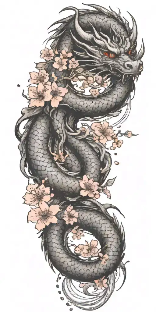 Dragon Coil And Cherry Blossom Petals Falling