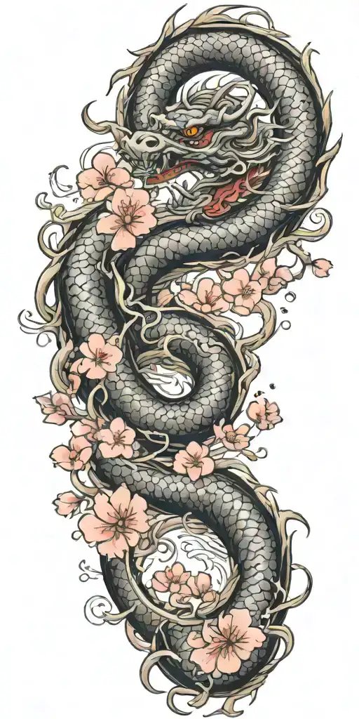 Dragon Coil And Cherry Blossom Petals Falling