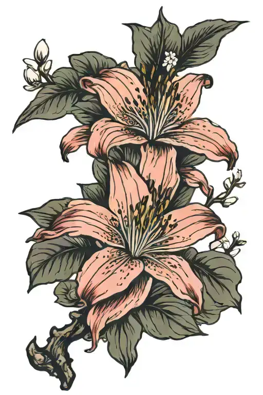 Fire Lily Flower With Pink Cherry Blossoms