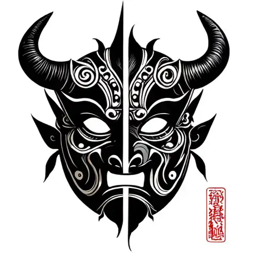 Blackwork Oni Mask Split In Half