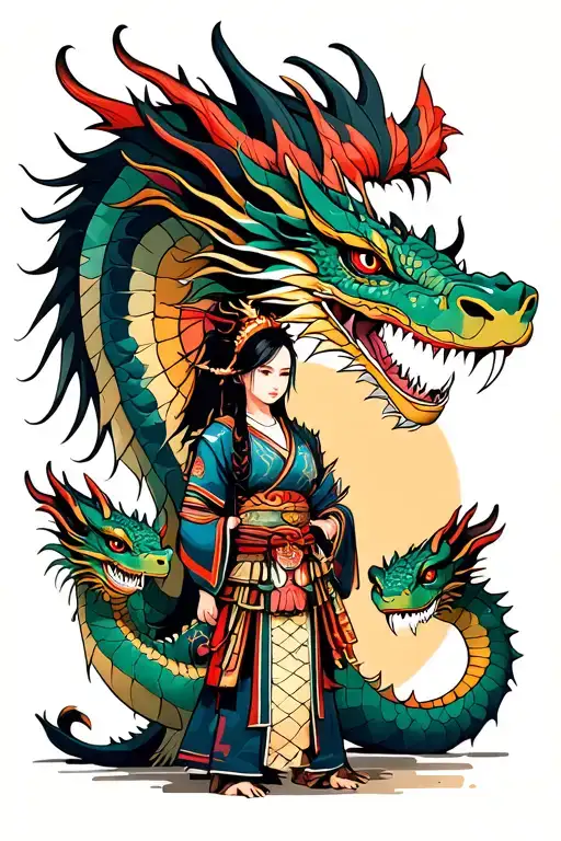 Dragon Head Overlooking 2 Baby Dragons With Standing Female Warrior