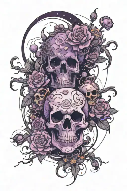 Purple Flowers And Trippy Sculls In Space Surrounded By Planets