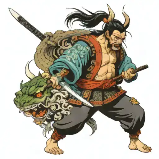 Samurai Warrior Battling Mythical Creatures