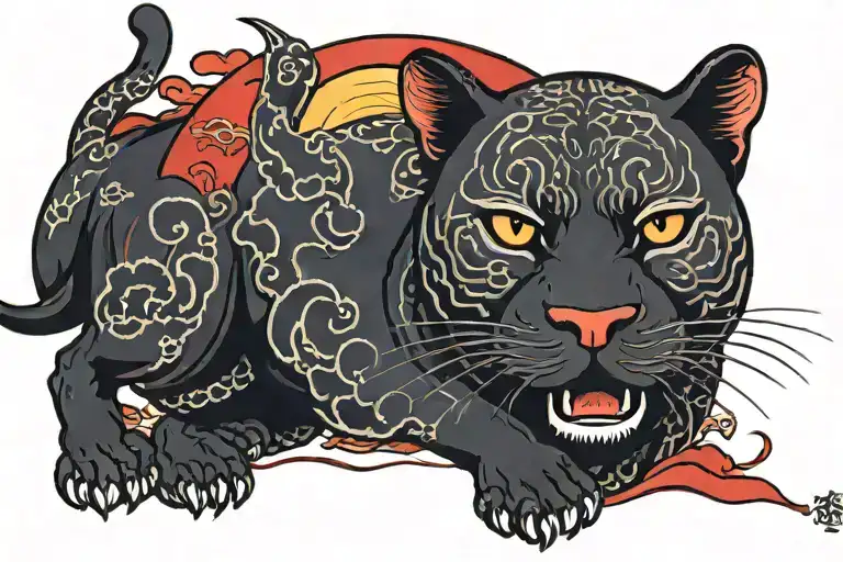 Traditional Style Panther With Red Sun Setting Show The Cat