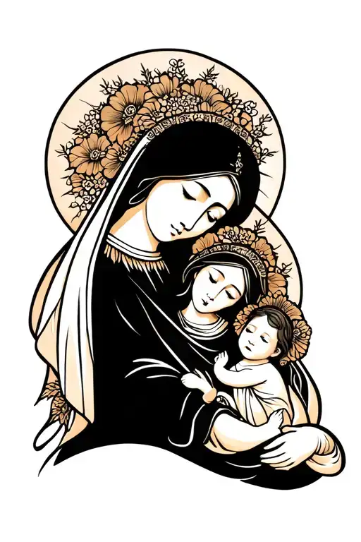 Mary And Baby Jesus Japanese Painting Style