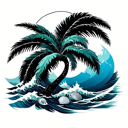 Palm Tree And Wave With Sea Shells