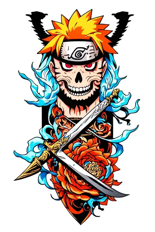 The God Of Death From Naruto On The Forearm With A Dagger In The Mouth